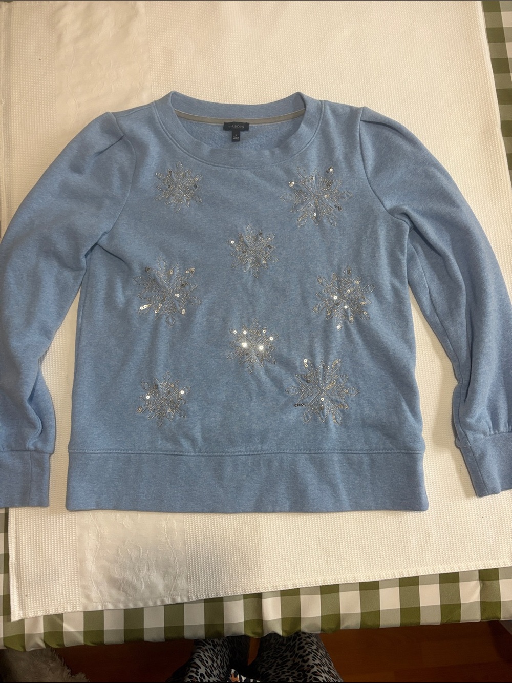 TALBOTS BLUE SEQUIN SNOWFLAKE SWEATSHIRT